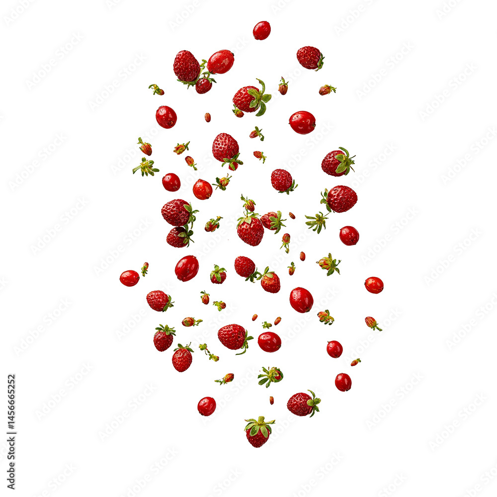Isolated tiny wild strawberries and bilberries falling together on white background Isolated tiny wild strawberries and bilberries falling together on white background