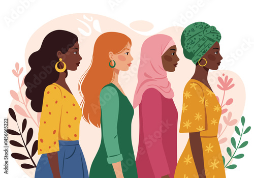 Adobe Illustrator Artwork Vibrant flat vector illustration celebrating Woman Power! Diverse women stand united, showcasing multicultural strength and empowerment