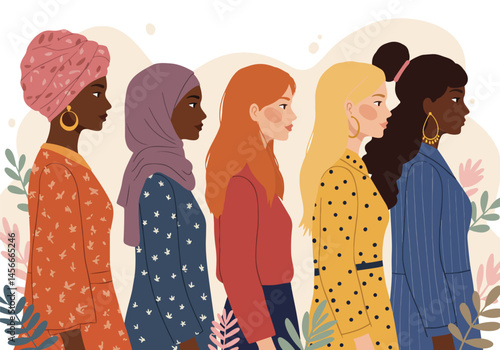 Adobe Illustrator Artwork Vibrant flat vector illustration celebrating Woman Power! Diverse women stand united, showcasing multicultural strength and empowerment