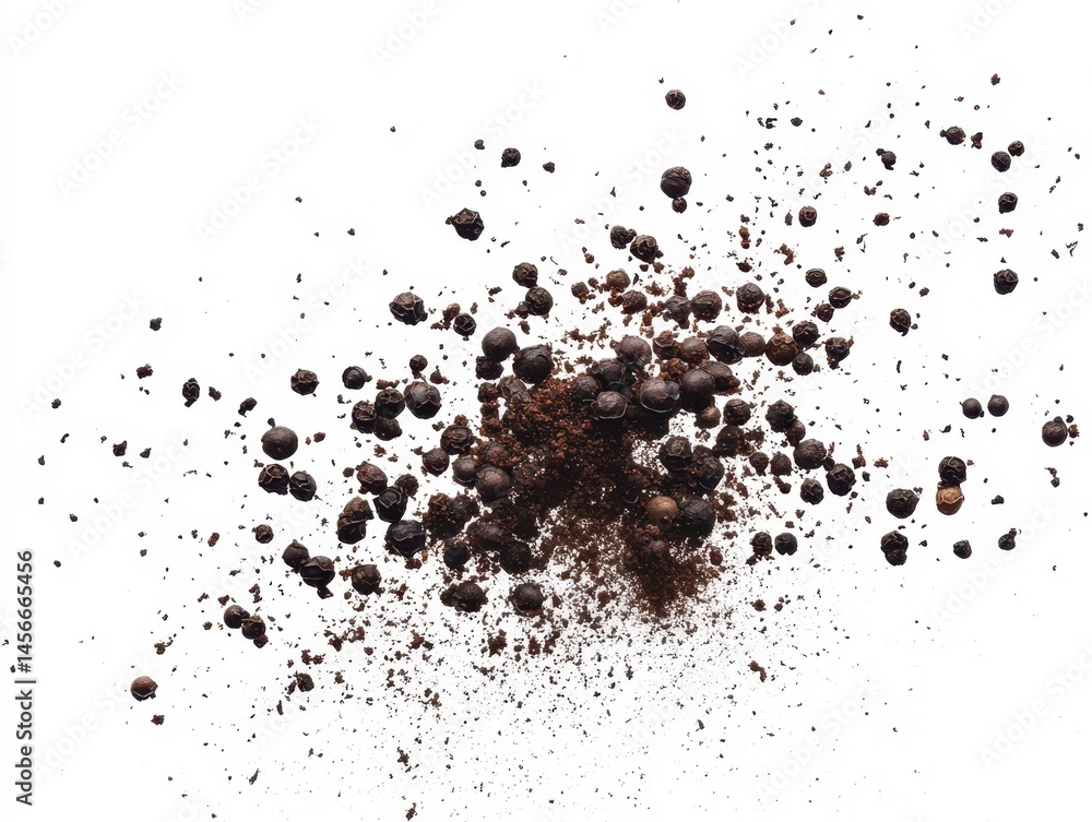 Scattered pile of peppercorns and ground pepper on a bright white surface Scattered pile of peppercorns and ground pepper on a bright white surface