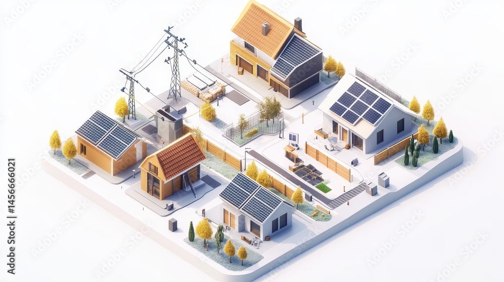 High-detail 3D visualization of a decentralized solar microgrid connecting rural homes - realistic isometric layout, solar panels, underground cables, smart meters, white background High-detail 3D visualization of a decentralized solar microgrid connecting rural homes - realistic isometric layout, solar panels, underground cables, smart meters, white background