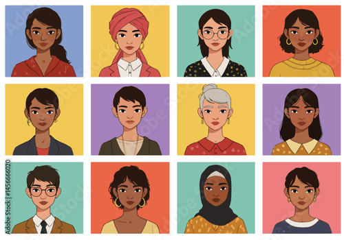 Vibrant flat vector illustration showcasing a diverse group of people from around the world. Colorful portraits representing global unity and cultural richness
