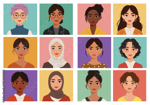 Vibrant flat vector illustration showcasing a diverse group of people from around the world. Colorful portraits representing global unity and cultural richness