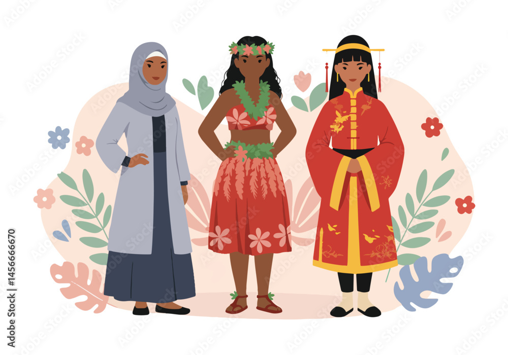 Adobe Illustrator Artwork Vibrant flat vector illustration showcasing world diversity with three women in unique cultural attire, surrounded by stylized floral elements Adobe Illustrator Artwork Vibrant flat vector illustration showcasing world diversity with three women in unique cultural attire, surrounded by stylized floral elements