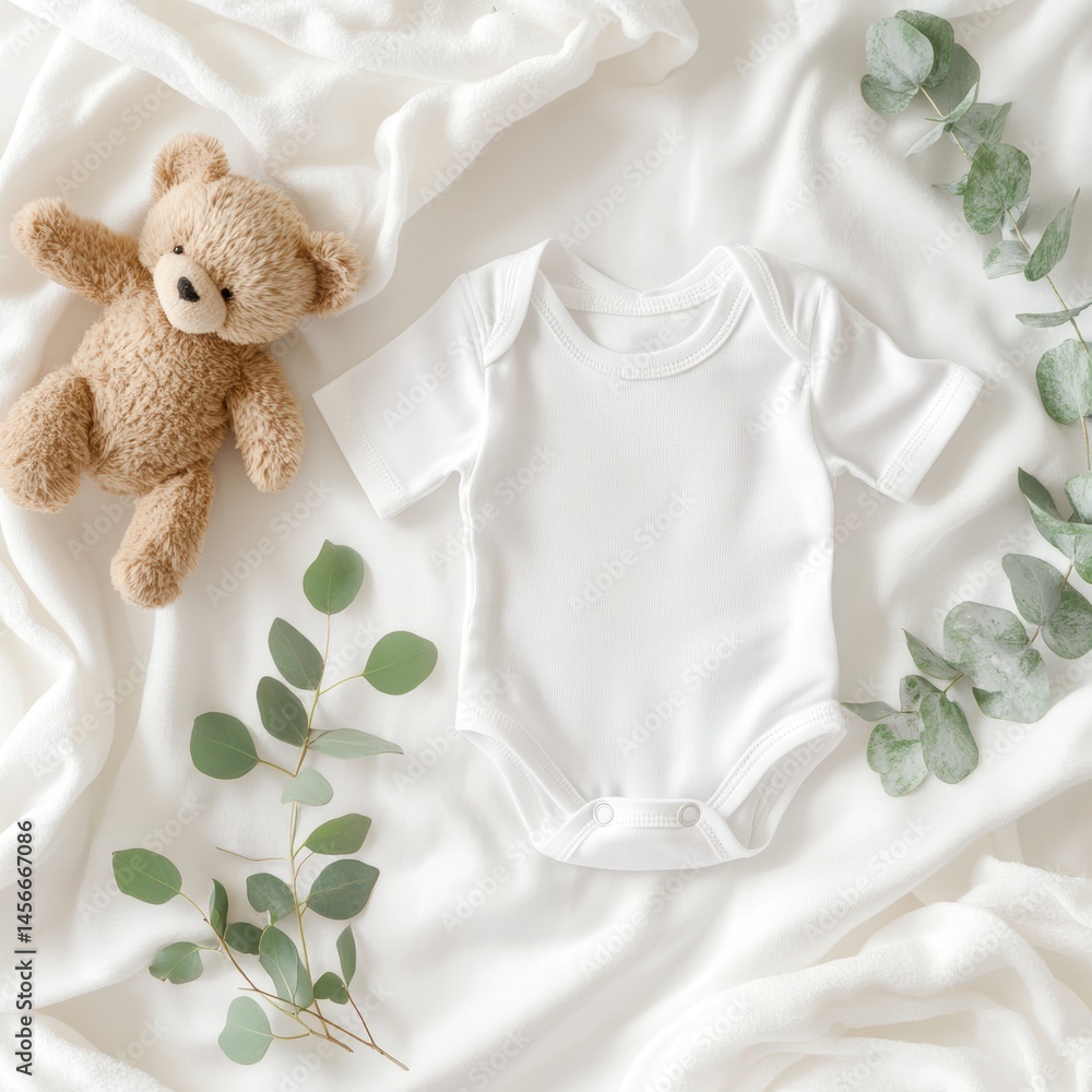 Minimalist Baby Bodysuit Mockup Flat Lay with Teddy Bear and Eucalyptus on Soft White Blanket Overhead Neutral