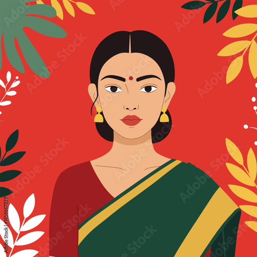 Adobe Illustrator Artwork Vibrant flat vector illustration of a serene Indian woman in traditional saree attire, adorned with jewelry. Captures the beauty and elegance of Indian culture