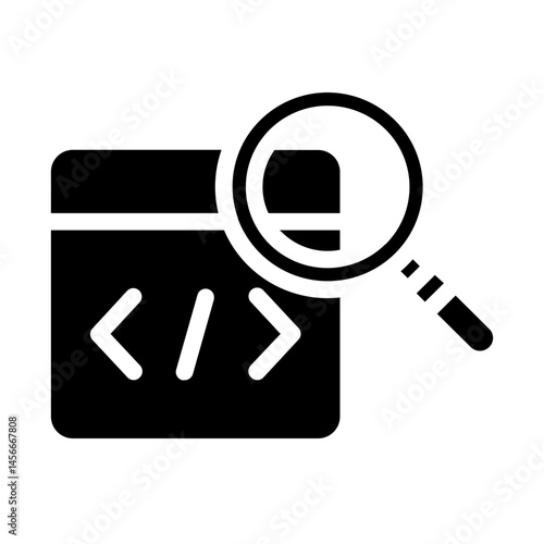 Code window with magnifying glass representing code review or debugging.