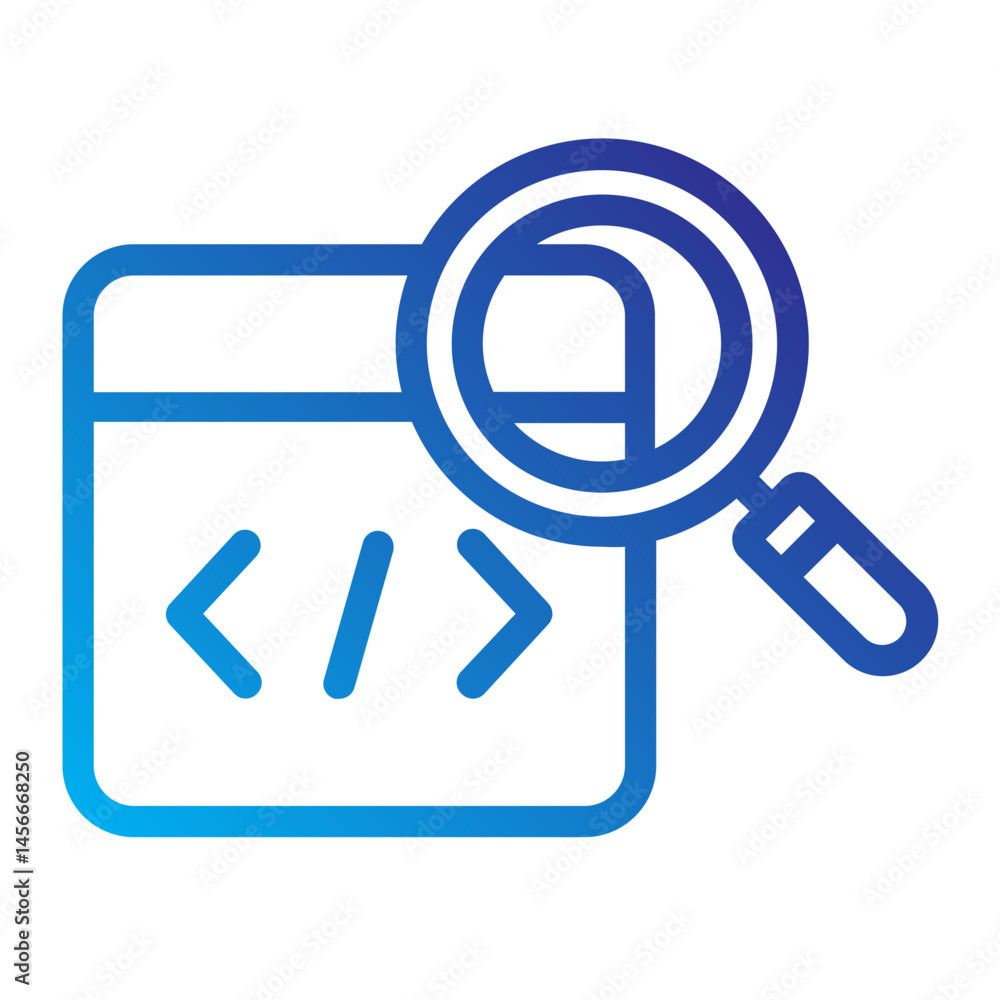 Code window with magnifying glass representing code review or debugging. Code window with magnifying glass representing code review or debugging.