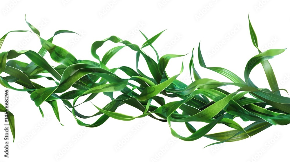 Obraz premium A set of green seaweed strips are isolated on a pure white background, created by Generative Ai. The long, slender strips of seaweed with their distinct green color are clearly presented, 