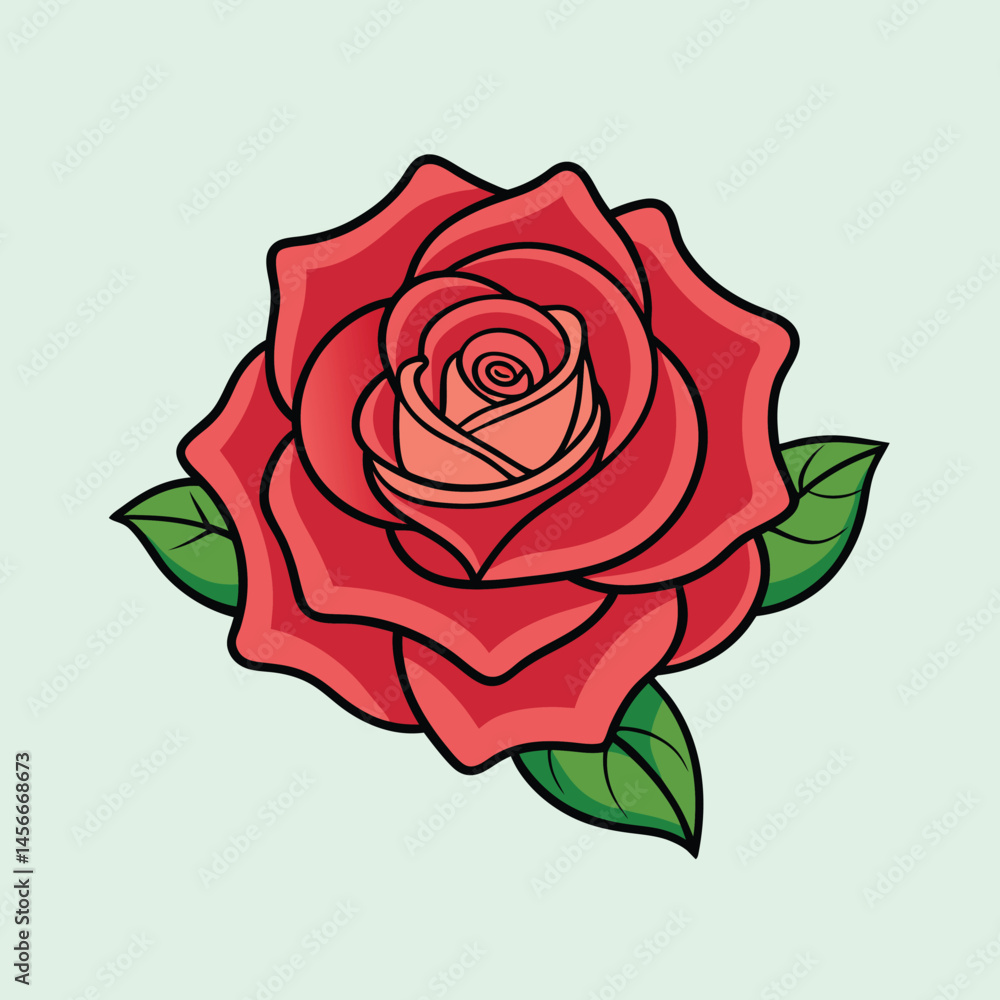 Fototapeta premium Vintage red rose illustration with green leaves, classic floral vector art, romantic blooming rose flower head for wedding and greeting card design