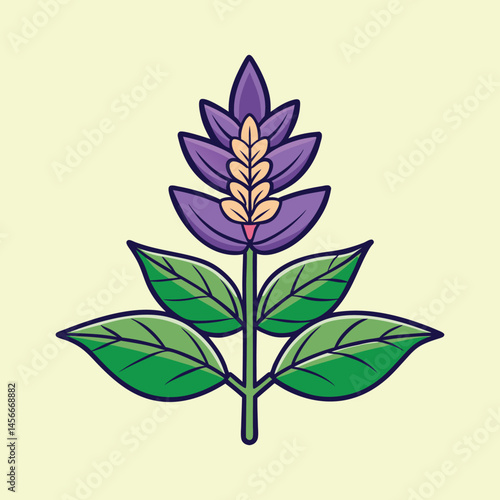 Stylized lavender flower illustration, purple floral herb with green leaves, botanical vector icon for organic skincare and aromatherapy branding