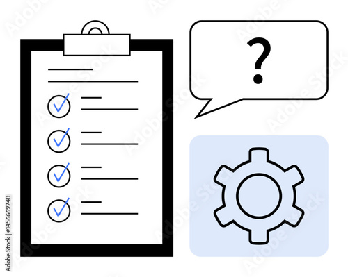Task checklist with checkmarks, gear symbolizing settings or processes, and speech bubble with a question mark. Ideal for productivity, organization, planning, problem-solving, management