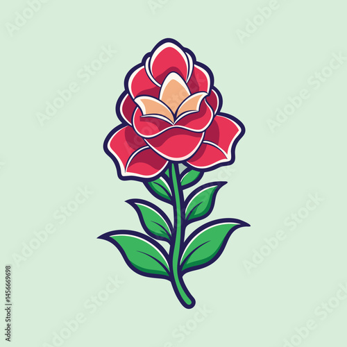 A vibrant illustration of a stylized red rose flower with green leaves on a light green background
