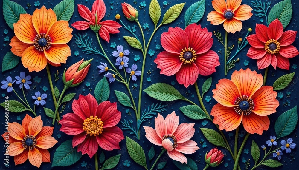 Bold floral motif, dense tapestry stitchwork, vibrant hues, bold, background Bold floral motif, dense tapestry stitchwork, vibrant hues, bold, background