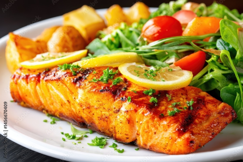 Grilled Salmon with Lemon on a Plate Surrounded by Fresh Vegetables Grilled Salmon with Lemon on a Plate Surrounded by Fresh Vegetables