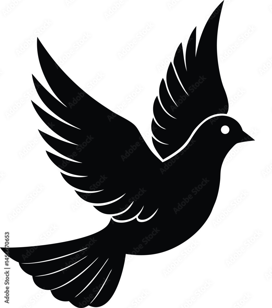 Obraz premium Flying Dove Silhouette – Peaceful Black Bird Vector Icon