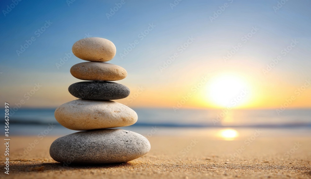 Fototapeta premium Serene Stack of Stones on Beach at Sunset with Warm Colors