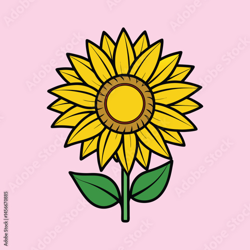 A Vibrant Sunflower Illustration with Detailed Petals and Leaves on a Pink Background