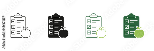 Diet Planning Checklist With Apple Line and Silhouette Icon Set. Healthy Food And Nutrition Concept, Wellness And Diet Design. Nutritious Food Choices. Isolated Vector Illustration