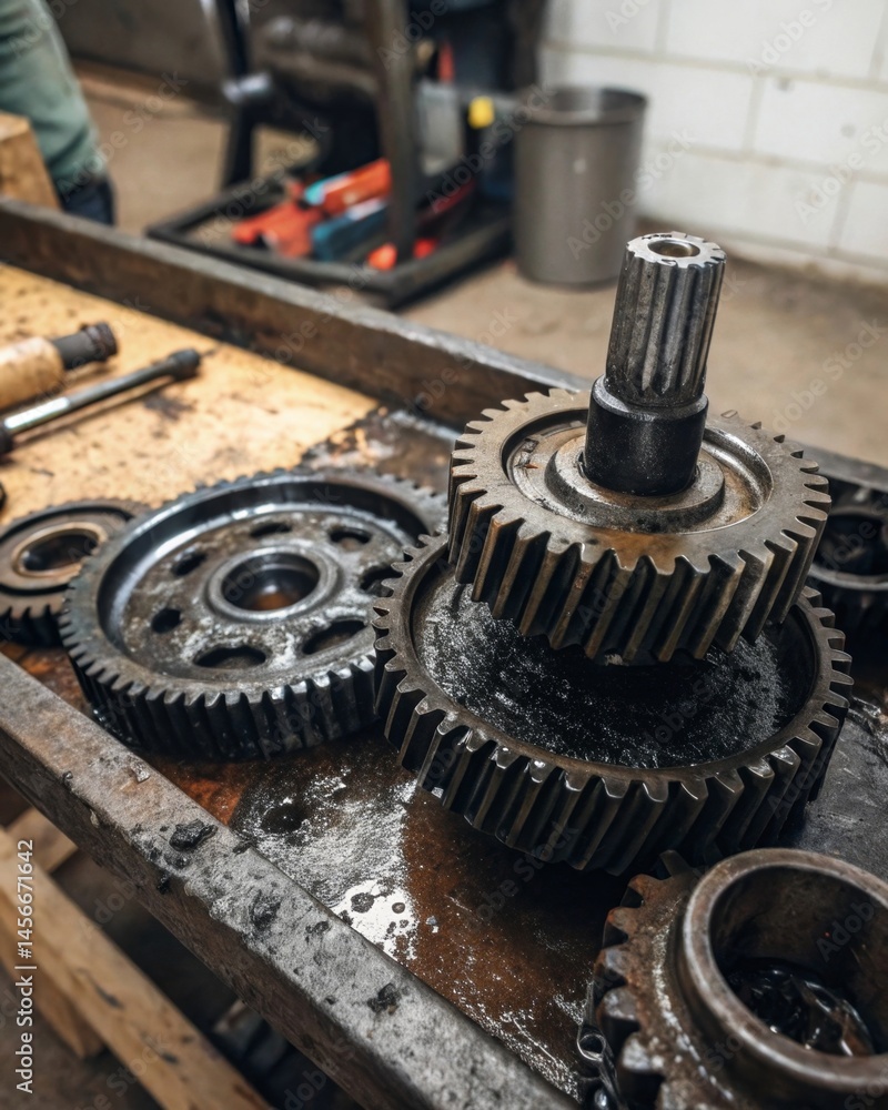 Inspection of intricate metal gears in a dimly lit mechanical workshop high-detail texture and dark grease accumulation Inspection of intricate metal gears in a dimly lit mechanical workshop high-detail texture and dark grease accumulation