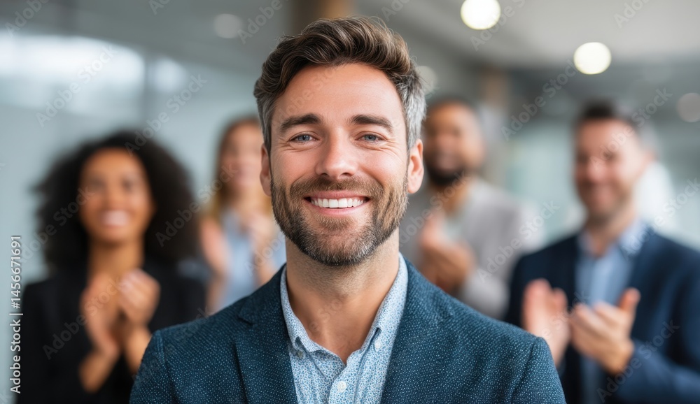 Obraz premium Confident Man Smiling Amidst Applauding Colleagues in Office Setting