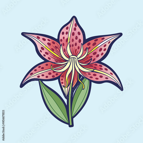 A vibrant illustration of a speckled pink lily flower with green leaves on a light blue background
