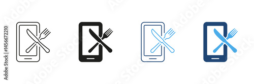 Mobile App For And Diet Tracking Line and Silhouette Icon Set. Fork And Knife Icon with Smartphone For Wellness And Fitness Apps. Healthy Food and Nutrition. Isolated Vector Illustration