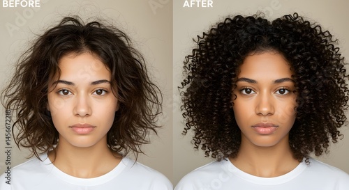 A woman with frizzy hair before and after showing a hair styling transformation with defined curls.