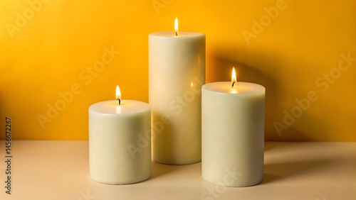 Wallpaper Mural Three white unscented candles of different heights on a light grey matte surface, soft shadows, overhead daylight, minimal aesthetic, clean composition. Torontodigital.ca