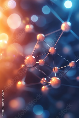 Abstract Molecular Structure Close-Up Shot with Orange and Blue Bokeh Background for Science and Technology Concepts