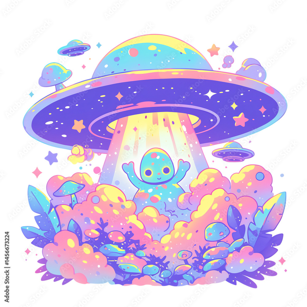 Trippy UFO Cartoon with Alien Isolated on Transparent Background Trippy UFO Cartoon with Alien Isolated on Transparent Background