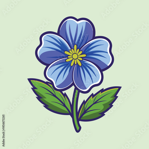 Stylized blue flax flower illustration, blooming linseed plant with green leaves, botanical vector art for organic product packaging