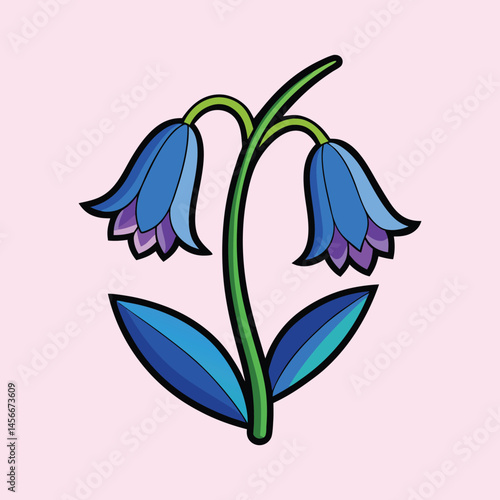 Stained glass bluebell flower illustration, botanical garden bellflower vector art, spring floral bloom on pink background, decorative wildflower eps