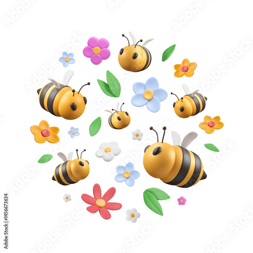 Circle with 3d bees, flowers buds and leaves. Round pattern with plasticine summer elements. Cartoon insects flying in abstract bloom. Vector illustration. Apiculture print, beekeeping label.