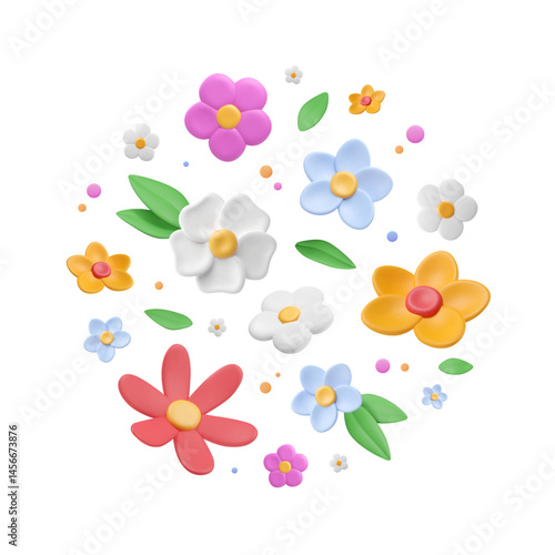 3d plasticine flowers, leaves and dots in round arrangement. Circle print with summer cartoon buds, petals and confetti. Blossom elements. Vector illustration. Abstract blooming garden pattern.