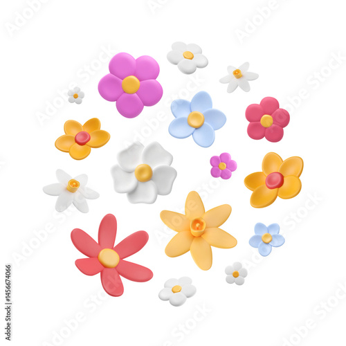 Pattern with 3d multicolored flowers. Buds in plasticine style. Plastic summer elements. Vector isolated illustration. Gardening round print, floral minimalist art. Floristic round arrangement.