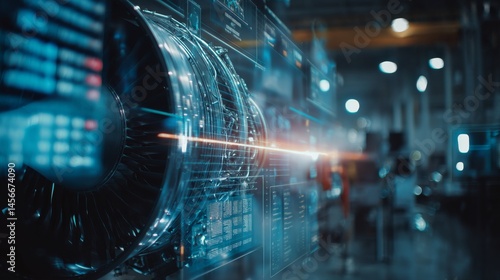 A high-tech manufacturing facility features a futuristic digital display of a jet engine, highlighting cutting-edge technology and engineering