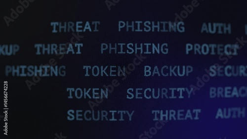 Animated display of cybersecurity keywords like backup, protect, and threat illustrating data protection concepts. Dynamic text elements.