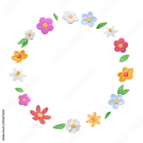 Frame with 3d flowers and leaves in plastic style. Cartoon summer elements. Garden print with copy space. Abstract floral pattern. Minimalist meadow banner, bloom print. Vector illustration.