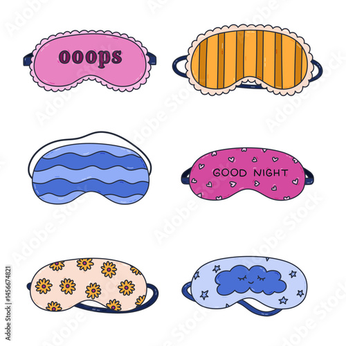 Lovely outline doodle sleeping mask set with scribble pattern, sunflower, Good Night lettering, childish cloud, Funny hand drawn girly eye mask for sweet dreams. Decorated bedtime accessory isolated.