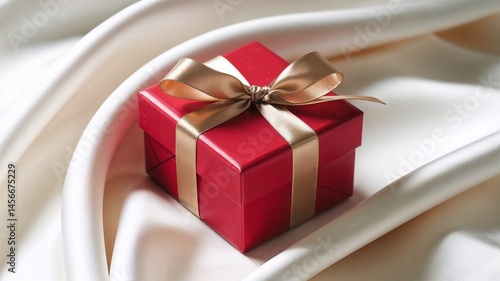 Red gift box with a shiny gold ribbon, placed on a clean white background, simple and elegant presentation
