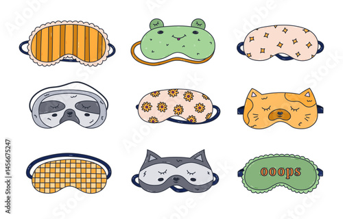 Cute colored doodle set with kids and feminine sleeping mask with frog, sloth, car face, star, sunflower, checkered pattern. Hand drawn eye mask for bedtime dreaming isolated on white background.