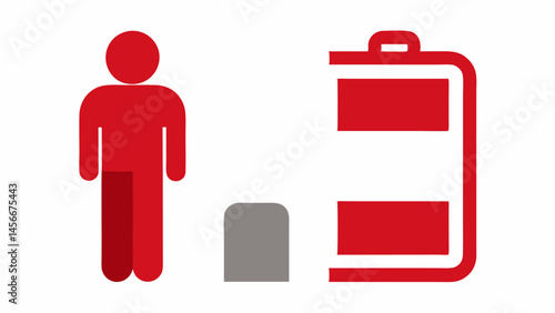 Burnout Battery A battery icon that is red and nearly empty p next to a person who looks exhausted correlating personal energy levels to mental fatigue.