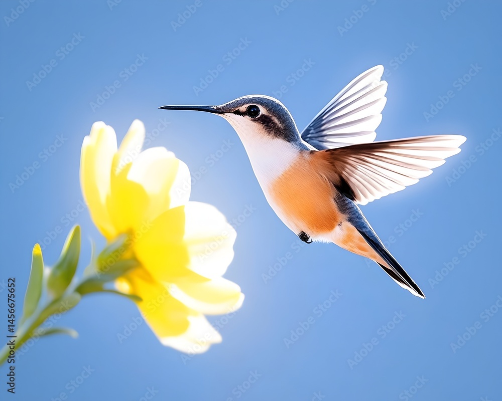 Fototapeta premium A hummingbird in flight approaches a bright yellow flower against a clear blue sky. Sunlight illuminates both