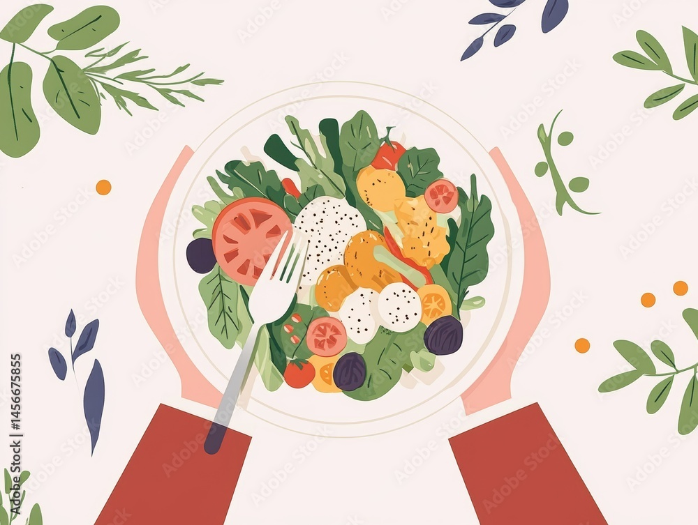 Hands holding a plate of fresh salad with tomatoes and greens overhead view flat lay healthy eating concept
