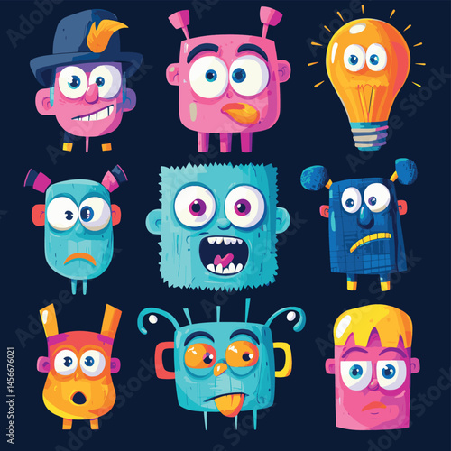 Round abstract comic Faces with various Emotions