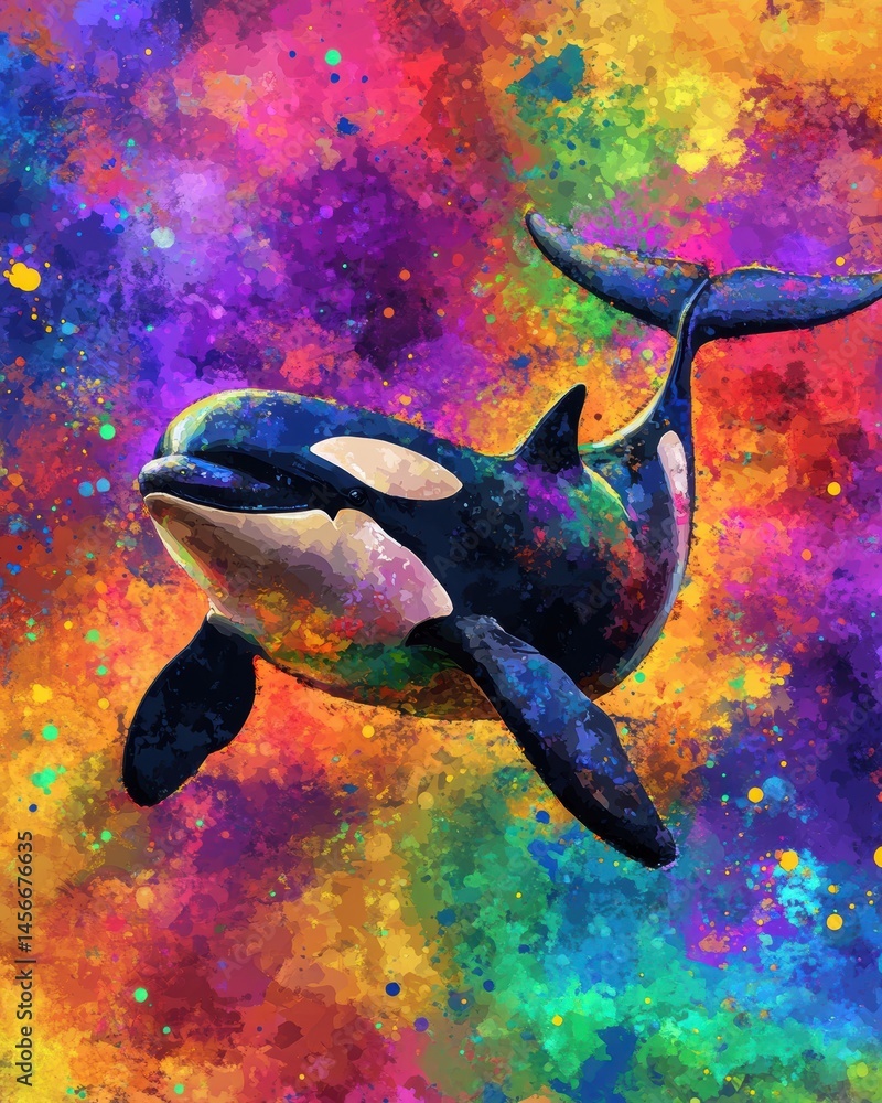 Orca whale swimming vibrant colors artistic illustration marine life ocean animal digital art colorful background aquatic mammal killer whale