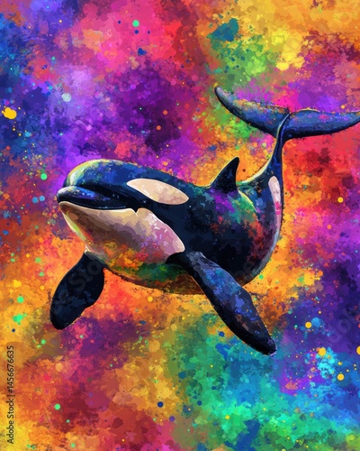 Obraz na płótnie Orca whale swimming vibrant colors artistic illustration marine life ocean animal digital art colorful background aquatic mammal killer whale w salonie