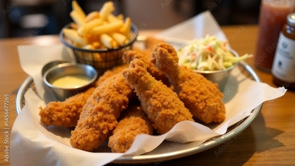 Delicious fried chicken pieces on a plate with sides Delicious fried chicken pieces on a plate with sides