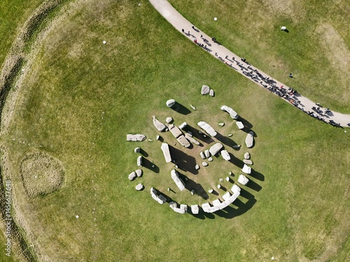 Overhead birds eye drone aerial view  Stonehenge prehistoric structure on Sainsbury plain UK